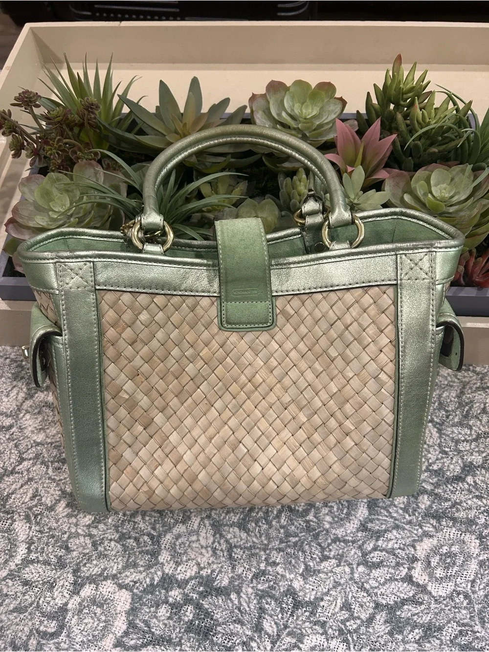 Vintage Coach Woven Satchel in Metallic Mint and Naturalq